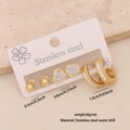 Set di 3 paia di orecchini a lobo in acciaio inossidabile dorato con cuore e strass - 3# Perlina Rotonda Cuore