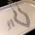 Sparkling silver necklace and earrings set with square rhinestones in a geometric V-shape - 74# Necklace-Silver-Rectangle