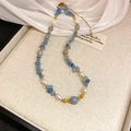 Baroque pearl necklace with blue natural stones and gold beads on silk fabric - Gold Blue Stone Pearl Necklace (121#)