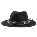 Detail of black straw fedora with bohemian ethnic band, fringe, and turquoise stone - Black