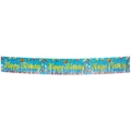 Blue birthday banner with gold Happy Birthday text, festive patterns and bottom fringe - English Cursive Blue