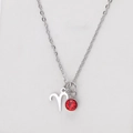 Silver Aries zodiac pendant necklace with a round red gemstone on a delicate O-chain - Silver-Aries
