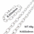 Silver stainless steel textured oval link chain set with necklace and bracelet - Silver (600x9mm)
