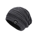 Winter marled grey knit beanie for women with warm fleece lining and mountain logo patch - Mixed Dark Grey