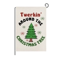 Christmas garden flag with red plaid border and festive tree print on faux linen fabric - Style ZQ008-1 (Twerkin Tree)