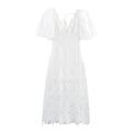 Elegante witte kanten midi-jurk met nauwsluitende pasvorm, pofmouwen en strikdetail - XS / Wit