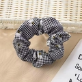 Floral black and white checkered scrunchie with daisy print for high ponytail hair styling - Black Grid Daisy