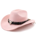 Chapeau de cowboy en daim rose avec bande tressée ethnique et ornement de crâne de buffle - M (56-58cm) / Rose