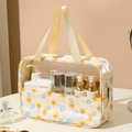 Waterproof PVC makeup bag with blue and yellow floral print and beige handles - Large / Yellow Floral
