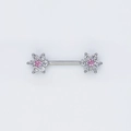 Silver stainless steel nipple ring featuring flower ends with pink and white zircons - No.2 Pink (Platinum Color)