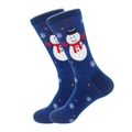 Dark blue cotton Christmas crew socks featuring snowman and snowflake patterns - One Size / Blue Snowman
