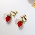 Handmade red berry clip-on earrings with white flower and green leaf accents - Red Berry Ear Clip (FN1011-1)
