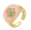 Verstellbarer Goldring mit rosa Emaille Hamsa Hand, Türkis und funkelnden Zirkonia-Steinen - Einstellbar Offen / Rosa