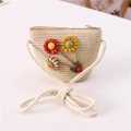 Detail of children's straw crossbody bag with handmade floral decor and white rope strap - Beige Ladybug Three Flower