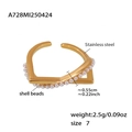 Detail view of 18k gold plated stainless steel ring with white shell beads and dimensions - US 7 / Gold Shell Pearl