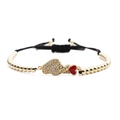 Braided black cord bracelet with gold beads, zircon hand gesture and red heart charms - Black Rope Bead Chain / Black/Gold