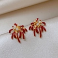 Elegant gold firework stud earrings with red enamel and sparkling crystal accents - 2# Red Radiative Tassel Style (HE15910)