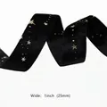 Black velvet ribbon with gold stars and dots pattern, 1 inch wide for DIY hair accessories - 2.5cm / Black