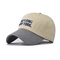 Detail of khaki cotton baseball cap with blue New York embroidery and grey brim - Adjustable / Beige