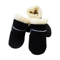 Black plush pet snow boots with white fleece lining and reflective velcro straps - Black