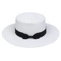 White woven flat top straw sun hat with a black ribbon bow for summer beach sun protection - Ribbon Bow Decor Band Style (303H)