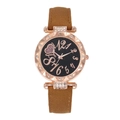 Women's rose gold watch with black starry dial, crystal bezel and brown suede strap - Tan