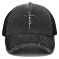 Cappellino baseball grigio scuro stile consumato con stampa croce faith e rete traspirante - Nero