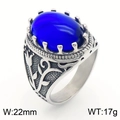 Anello vintage in acciaio inossidabile con grande gemma blu ovale e incisione floreale - US 8 / Stile B Blu Acciaio (KR109904-TGX)
