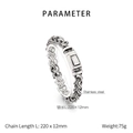 Macro detail of vintage stainless steel woven chain bracelet with press buckle and dimensions - Antique Silver Color (KB203084-KJX)