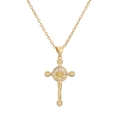 Close-up of gold-plated cross pendant necklace featuring central crucifix and clear gems - White Crucifix Cross / Gold