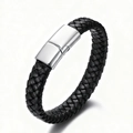 Bracelet pour hommes en cuir tressé noir avec fermoir magnétique poli argenté - Cordon en cuir noir / Fermoir Poli Acier 21cm