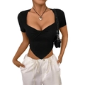 Eng anliegendes schwarzes Strick-T-Shirt für Damen mit tiefem V-Ausschnitt und Raffung - S / Schwarz