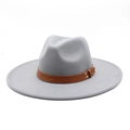 Close-up of gray wool felt jazz fedora with brown leather band and metal rivets detail - M (56-58cm) / Light Gray
