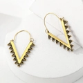Vintage gold V-shaped drop earrings with intricate beaded edges on stone pedestals - Antique Gold (4893)