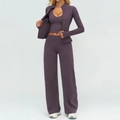 Three-piece yoga set with zip-up jacket, V-neck top, and high-waisted pants in dark purple - S / Top And Bottom / Jacket+Vest+Wide Leg Pants—Eggplant Purple