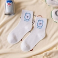White crew socks with cute blue cartoon bear and So Lucky embroidery design - Blue Bear