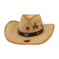 Straw cowboy sun hat with star print and turquoise bead leather band for men outdoors - Beige with Wind Rope (Blue Star)