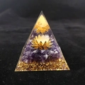 6cm Amethyst Crystal Pyramid with Gold Leaf Base and Golden Lotus Detail Ornament - XQK16 White Ball Amethyst
