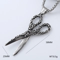 Macro detail of vintage silver scissor pendant with vine carvings and dimensions - Vine Carved Scissors Style (Style 7)
