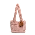 Pink plush woven shoulder bag with cute brown bear charm and soft faux fur texture - Pink