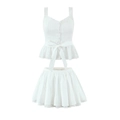 White lace trim camisole and pleated mini skirt set with bow details and buttons - S / Set