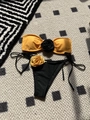 Bandeau bikini set in yellow and black featuring 3D rose accents and side-tie bottoms - Lemon Yellow