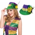 Funkelndes Mardi Gras Set mit Pailletten-Hut und Weste in Lila Grün und Gold mit Federn - Einheitsgröße / Jazzhut mit dreifarbigem Blumenmuster und Paillettenweste