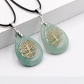 Tree of Life teardrop pendant necklace in green gemstone and gold plating finish - Green Aventurine With Black Braided Rope