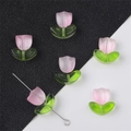 Pink glass tulip beads with green leaves for DIY necklace and bracelet crafting - 10 Sets/Pack / Jelly Pink Gradient