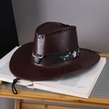 Donkerbruine vintage cowboyhoed van kunstleer met bloemig borduursel en stierenkop ornament - Volwassene (55-60cm) / Donkerrood