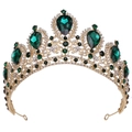 Macro detail of gold bridal tiara with pear-shaped emeralds and sparkling rhinestones - KC Gold White Diamond + Green Diamond