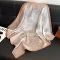 Pink floral square silk scarf with elegant daisy prints on a luxury leather surface - New Silk Scarf/small Square Scarf 40 / 65