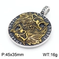 Two-tone silver and gold Viking wolf pendant with Nordic runes and circular relief design - Round Double Wolf Rune Pendant - Gold & Silver (KP130381-MZOZ)