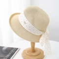 Beige straw sun hat with polka dot ribbon bow and elegant metal plate detail - Head Circumference 55-57CM Adjustable / Off White